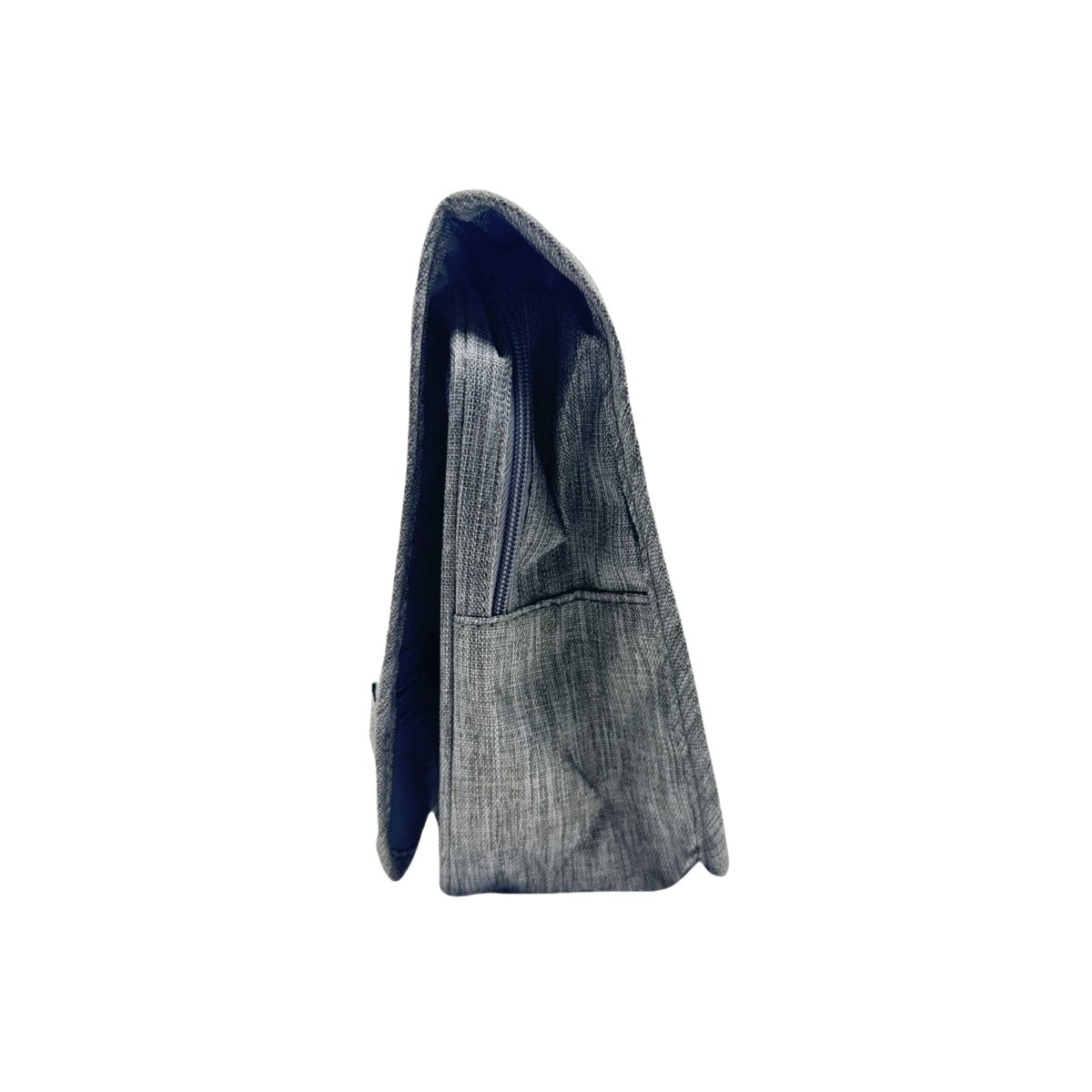 Grey travel bag with open side showing dark blue interior lining