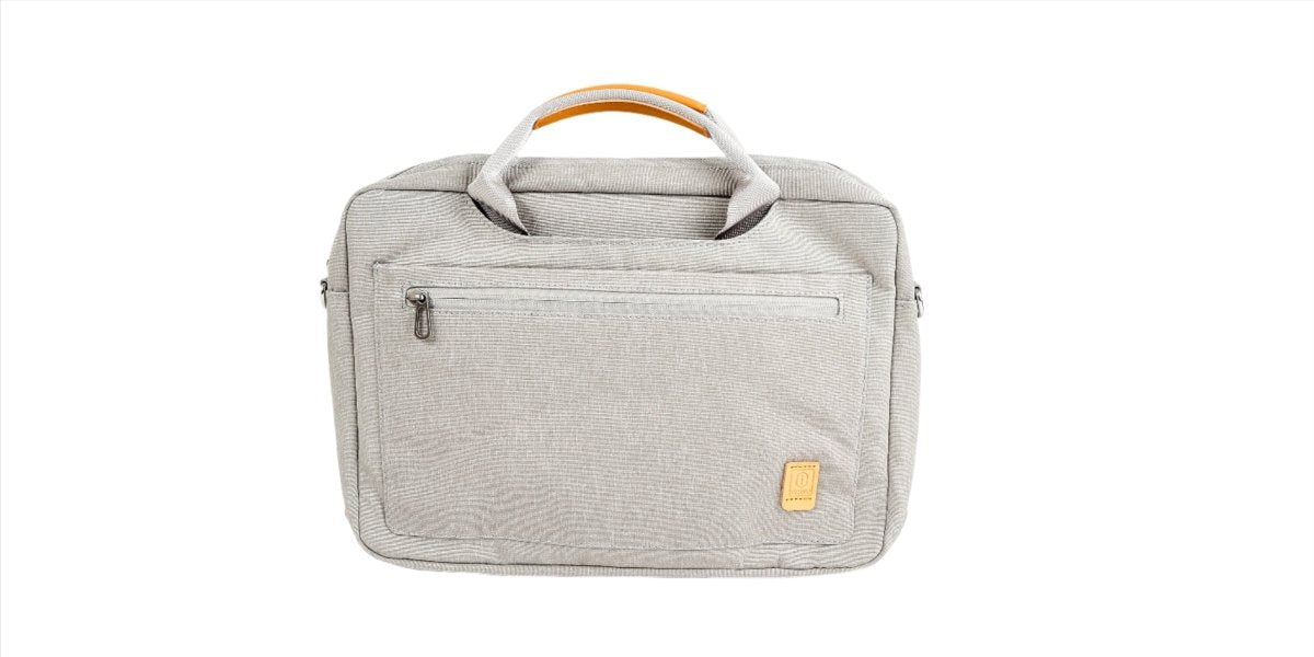 Light gray laptop bag back view with top handle and front pocket panel