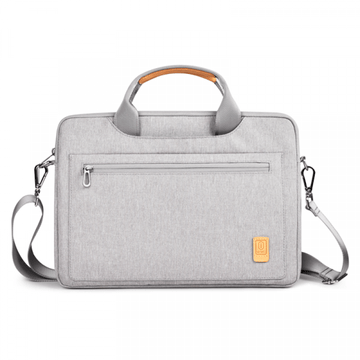 Light gray water-resistant laptop bag with orange handle accents and front zip pocket