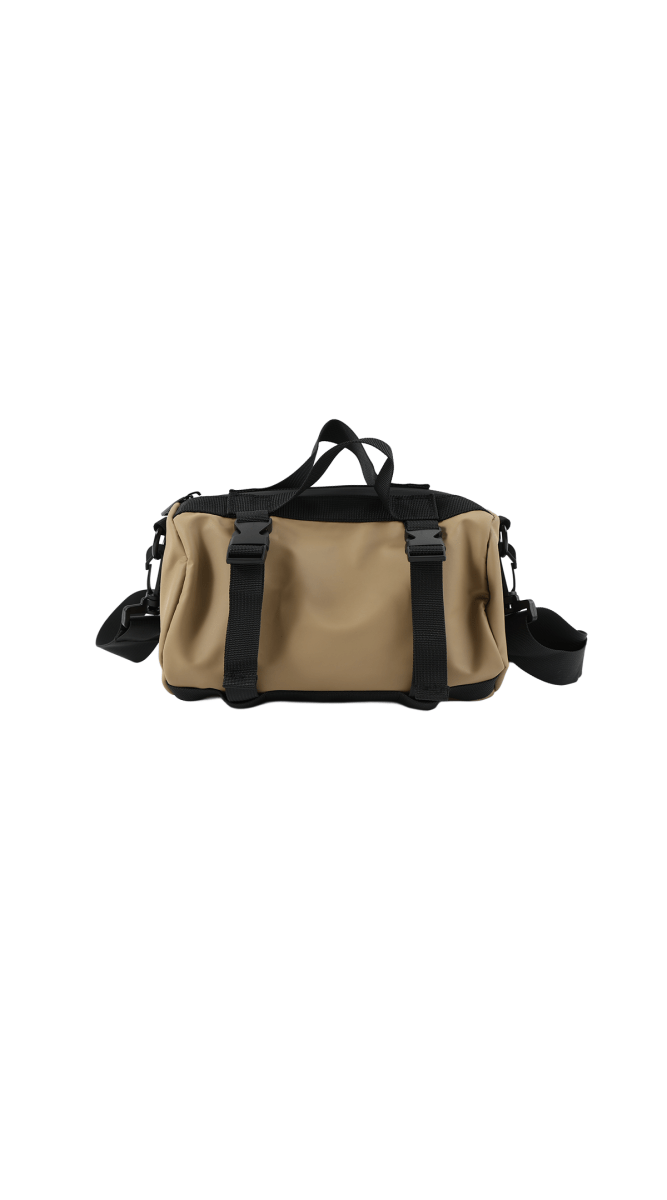 Waterproof shoulder bag in tan with black straps and front zip pocket