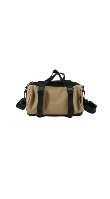 Waterproof shoulder bag in tan with black straps and front zip pocket