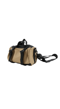 Waterproof shoulder bag, tan with black side panels and adjustable crossbody strap