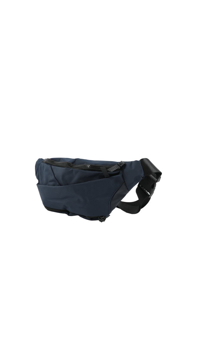 Dark navy waterproof waist bag with zippered main compartment and adjustable strap