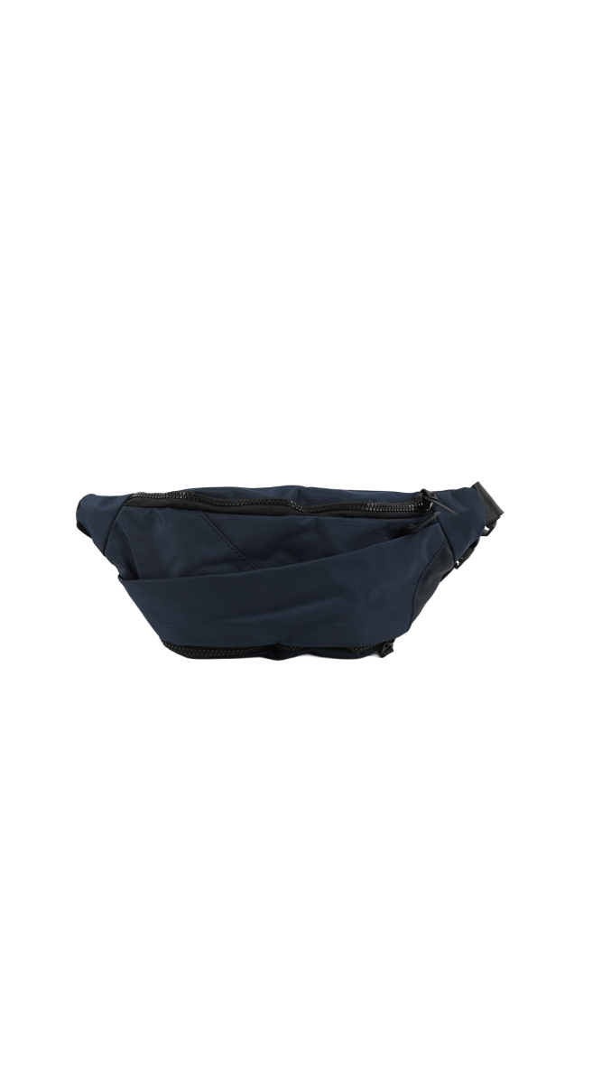 Dark navy waist bag with zippered front compartment and curved sling strap