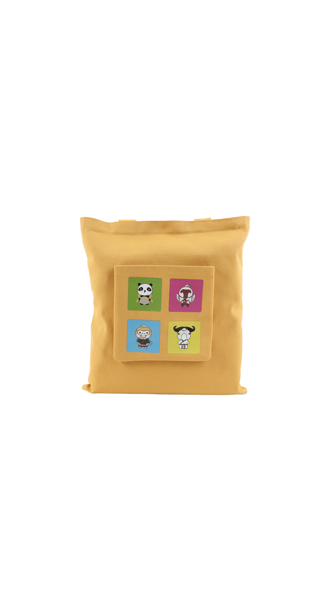 Yellow canvas shoulder bag with cute animal square collage front pocket