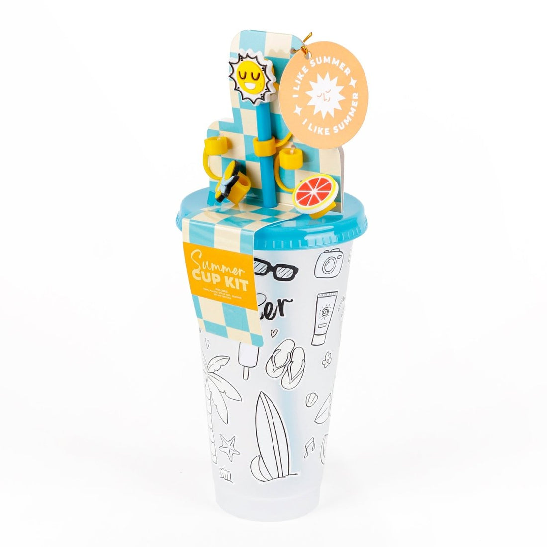 Summer cup kit with accessories: clear cup with blue lid and beach-themed toppers