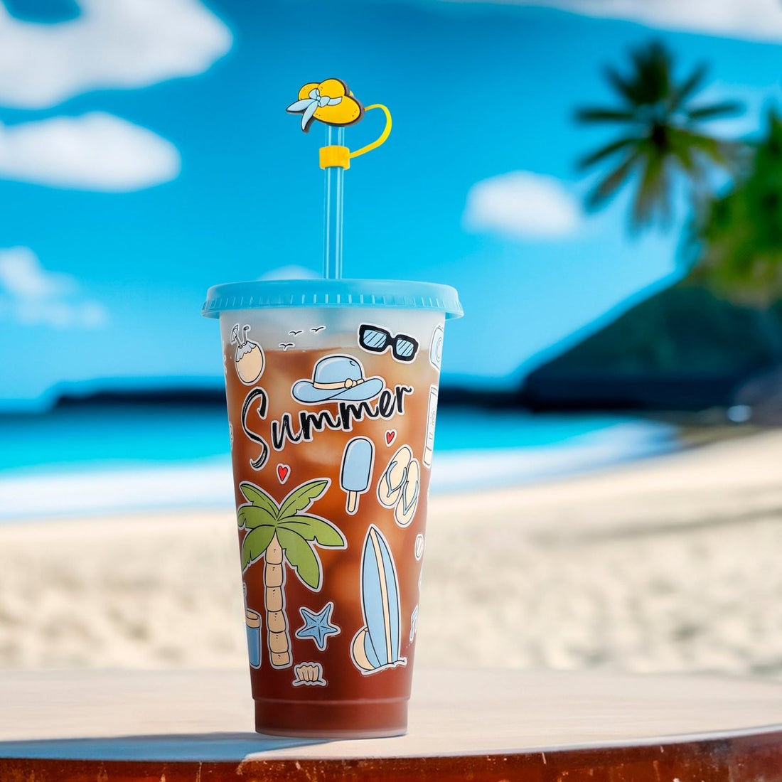 Summer cup kit with accessories: printed cup with drink lid, yellow straw topper