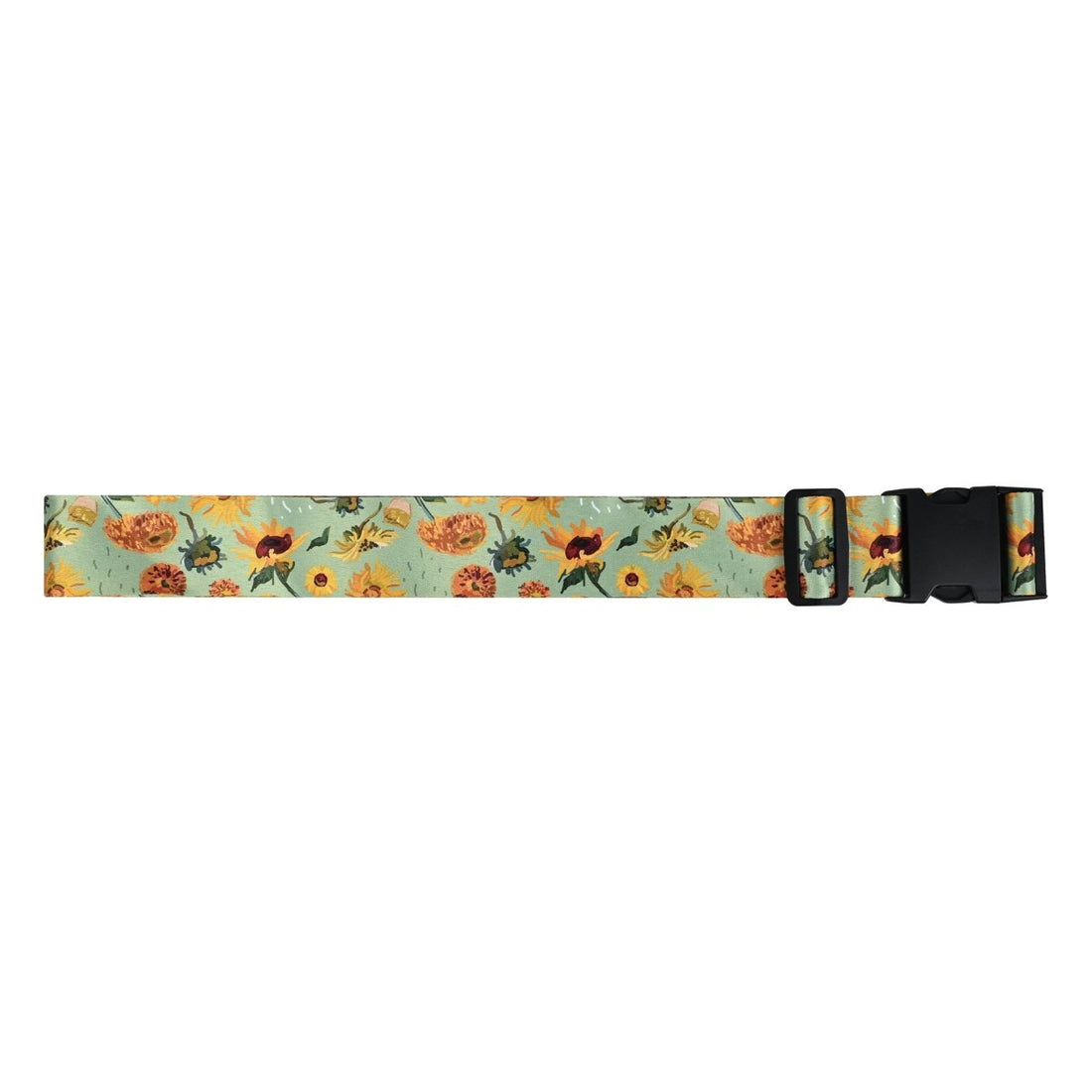 Floral luggage strap with black buckle closures, shown flat