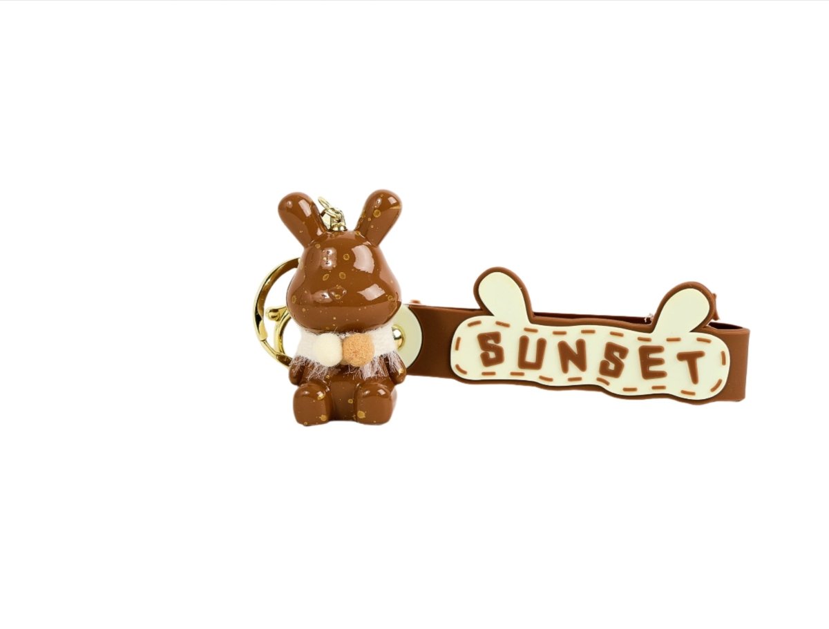Rabbit keychain set: brown and beige bunnies with 'SUNSET' charms on straps