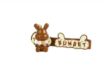 Rabbit keychain set: brown and beige bunnies with 'SUNSET' charms on straps