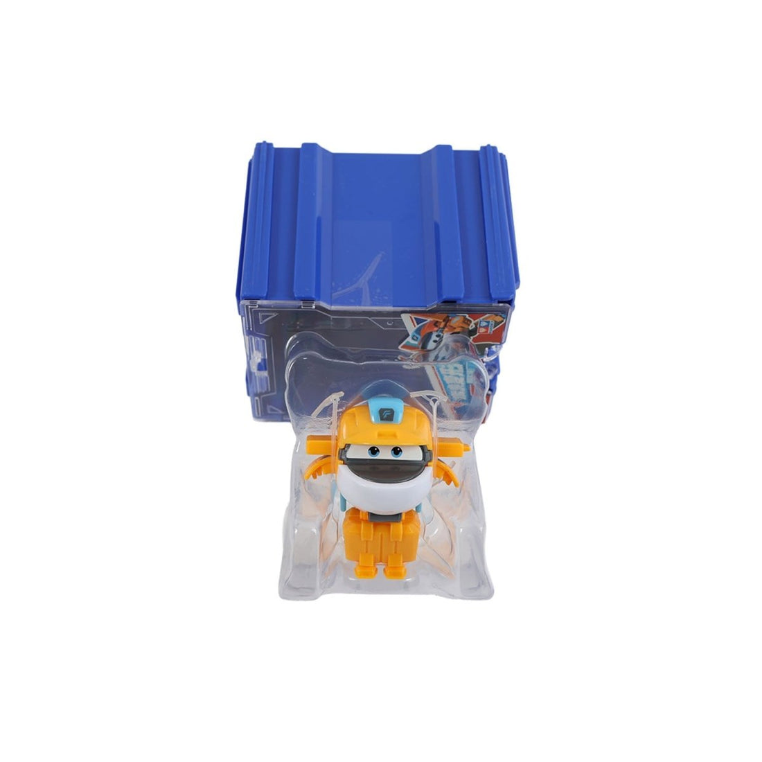 Mini transforming figure in clear bag with blue hangar; yellow-orange character