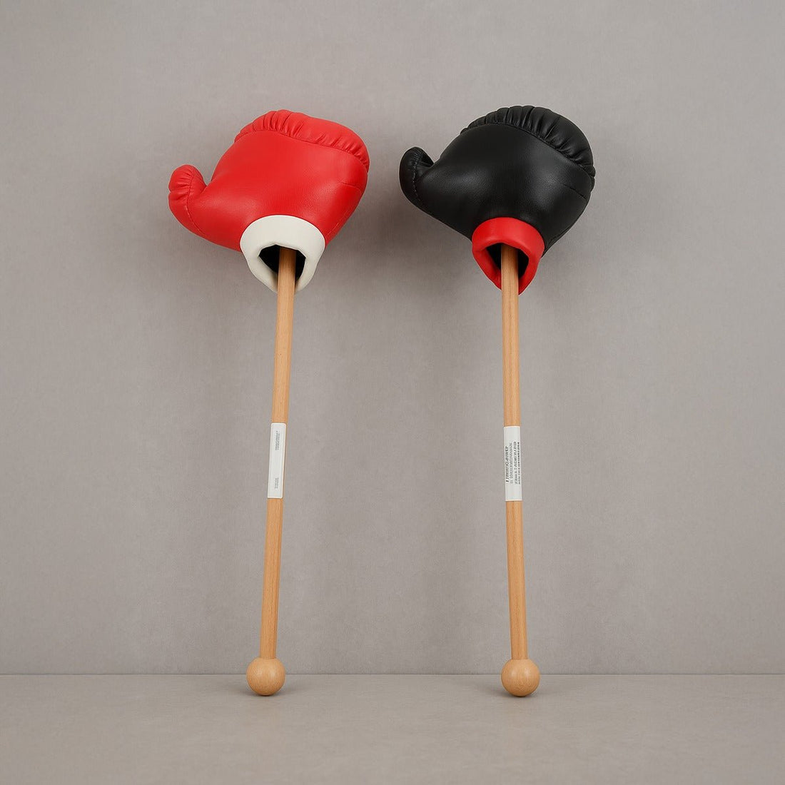Snore stopper device set: red and black padded mouthpiece on wooden handles