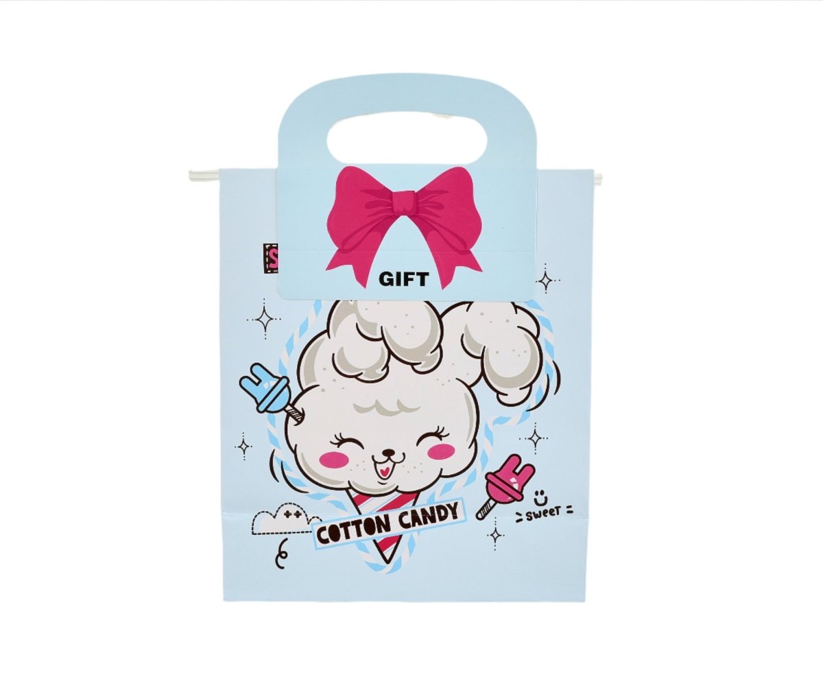 Light blue gift bag with cute cotton candy sheep face and pink bow handle