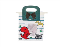 Gift bag with dinosaur print, green handle, and 'GIFT' text.