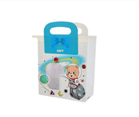 White gift bag with cartoon mouse and gray spot pattern, bow-shaped handle