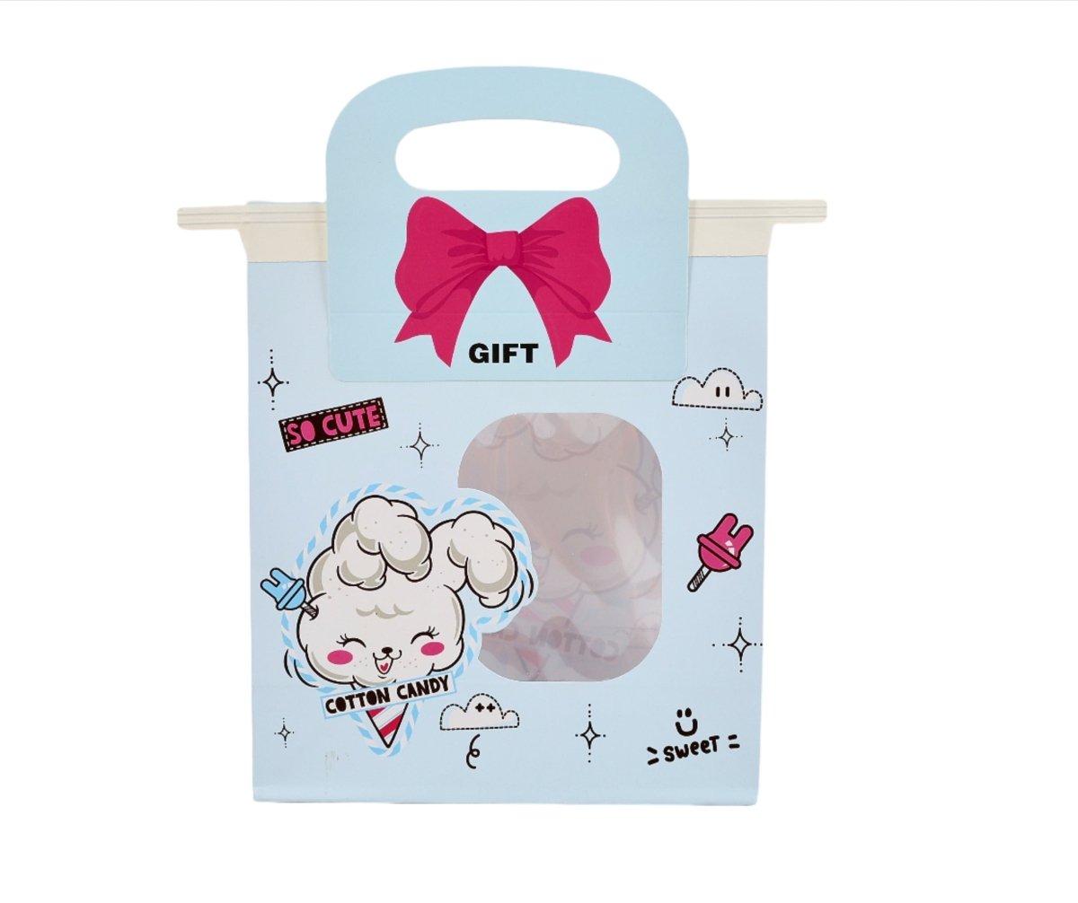 Light blue gift bag with cotton candy sheep illustration and pink bow handle