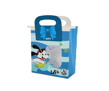 Blue gift bag with cartoon rabbit illustration and bow-shaped handle