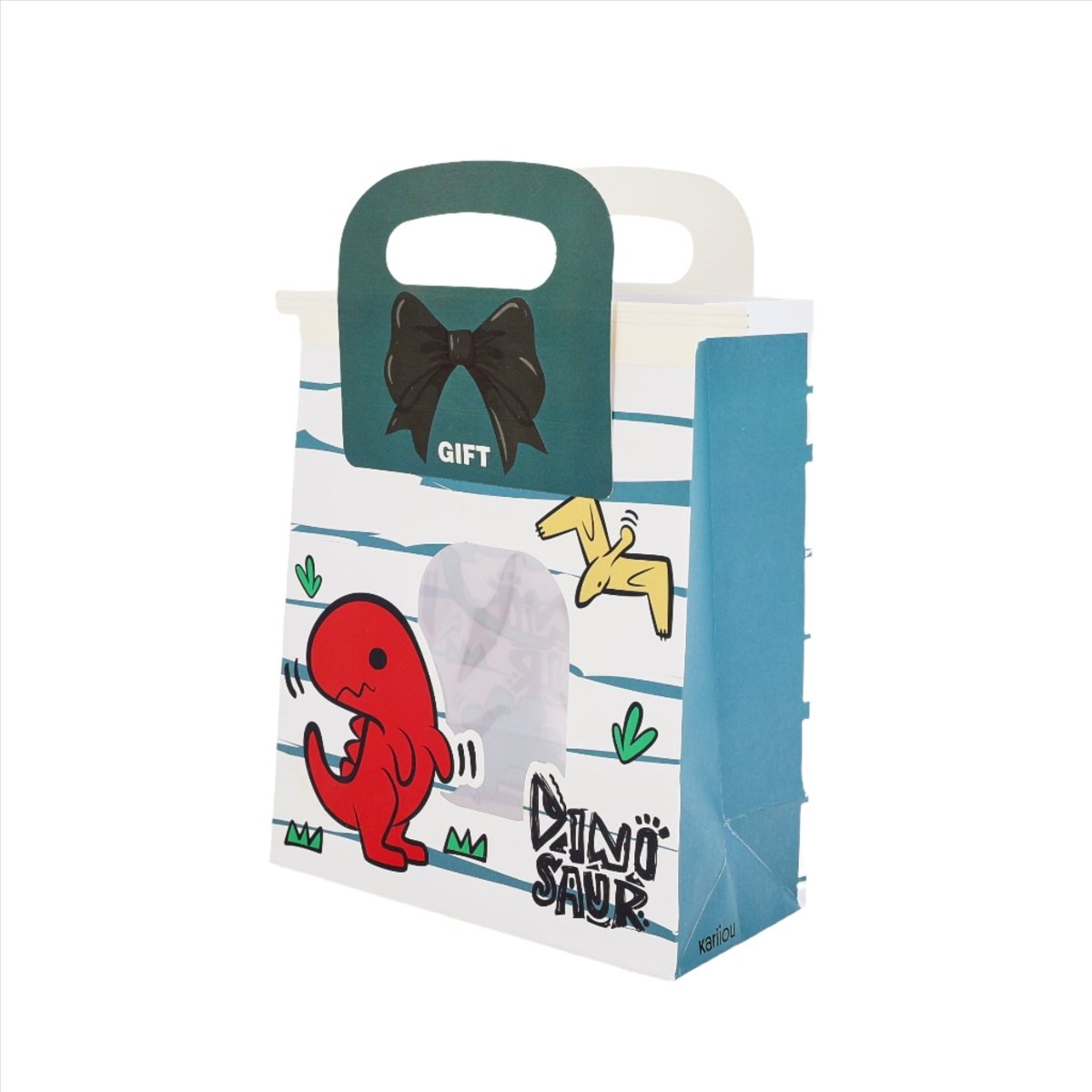 White gift bag with dinosaur and small animal illustrations, dark green bow handle