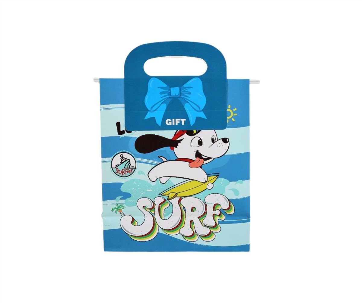 Blue gift bag with cartoon surfer character and bow-shaped handle