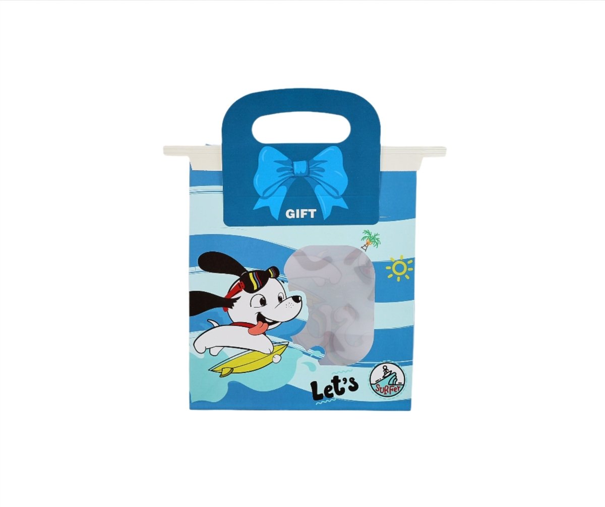 Blue gift bag with cartoon rabbit swimming scene and bow-shaped handle