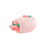 Pink plush cup toy angled view with peach-top nubs and green leaf detail