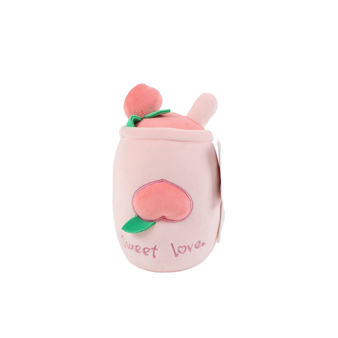 Pink plush cup toy front view with embroidered peach icon and green leaves