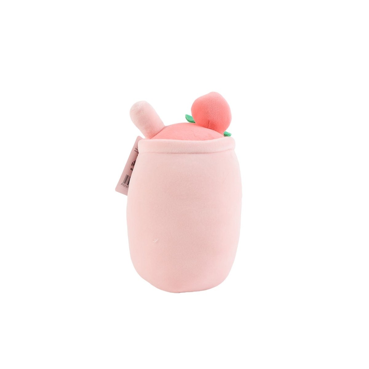 Pink plush cup toy back view with two peach-top nubs and small tag