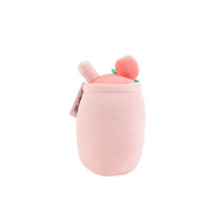 Pink plush cup toy back view with two peach-top nubs and small tag