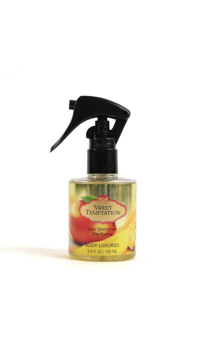 Hair shimmer perfume spray bottle with black pump, glass jar shape, amber tint, 3.4 fl oz