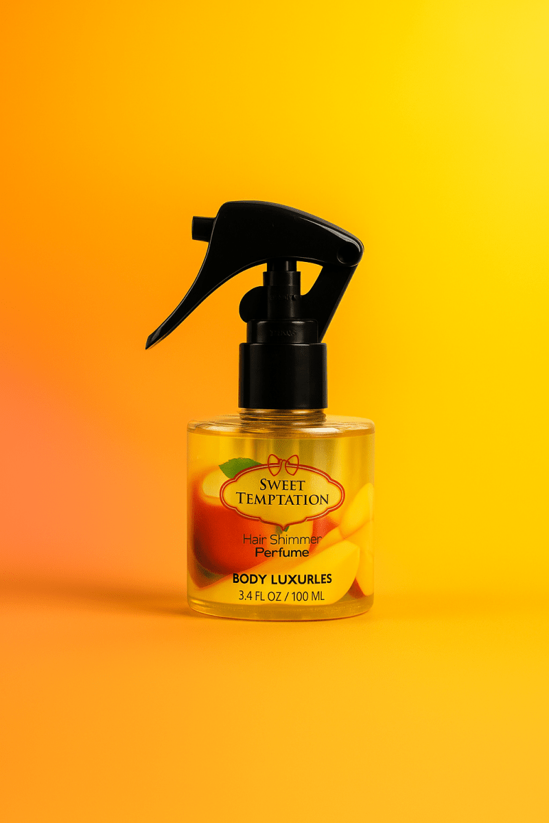 Hair shimmer perfume spray bottle with black nozzle and clear amber liquid, 100 mL