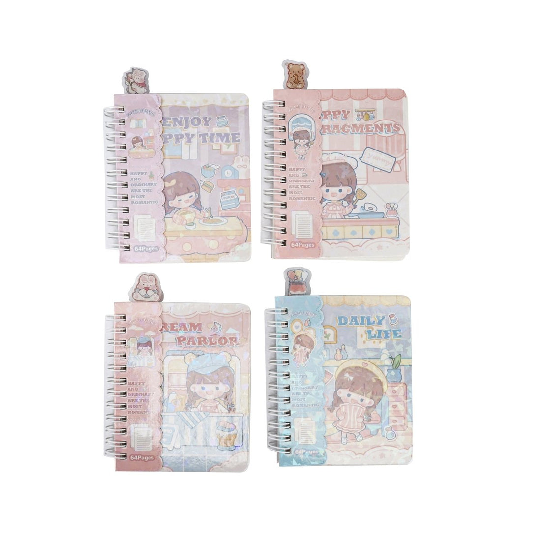 Set of four A6 spiral notebooks, mixed cartoon designs in pastel tones