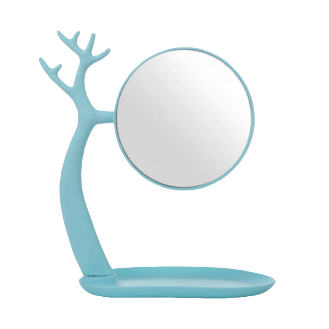 Light blue tree-shaped tabletop mirror with circular glass and tray base