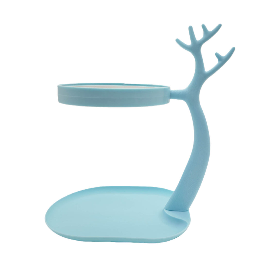 Light blue tree-shaped tabletop mirror stand with shallow tray base