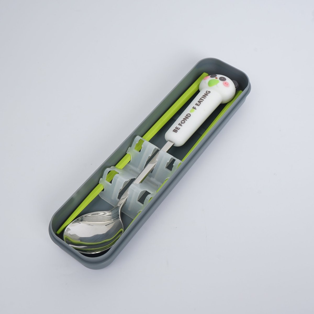 Gray storage case with animal-themed spoon and green chopsticks set