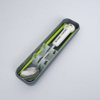 Gray storage case with animal-themed spoon and green chopsticks set
