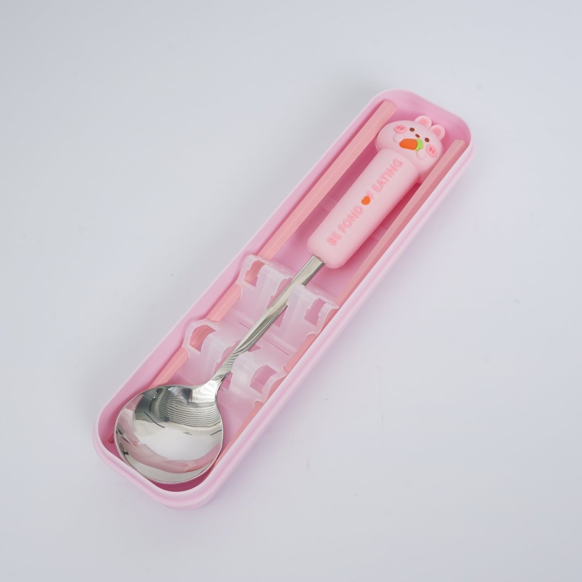 Pink storage case with animal-themed spoon and chopsticks set