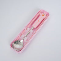 Pink storage case with animal-themed spoon and chopsticks set