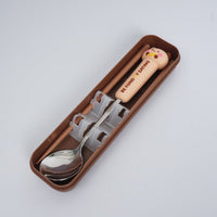 Brown storage case with animal-themed spoon and chopsticks set