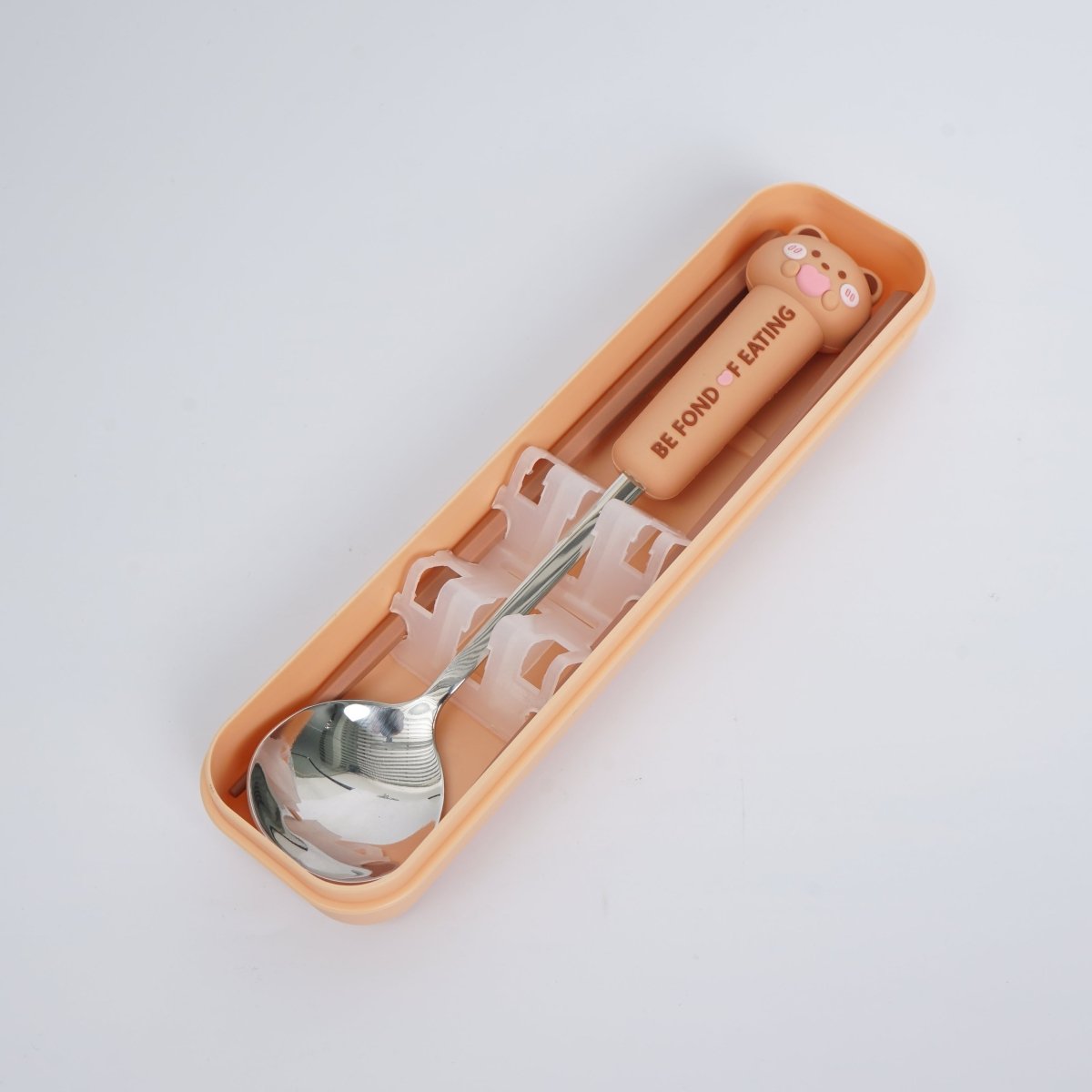 Orange storage case with animal-themed spoon and chopsticks set