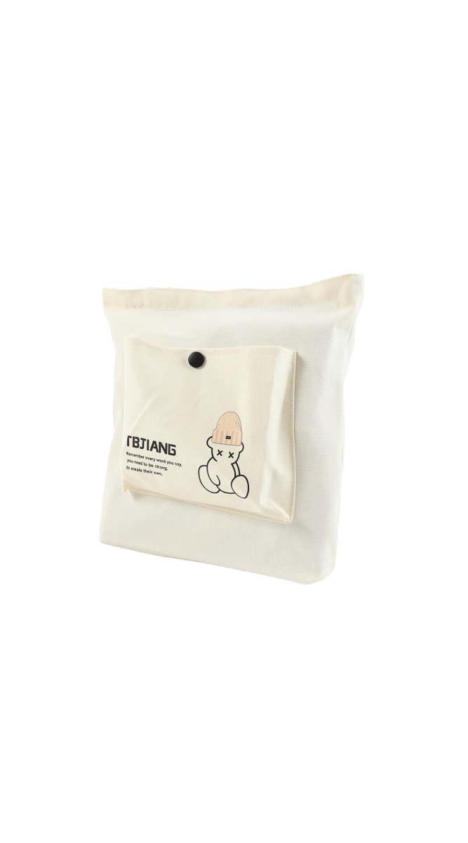 Cream canvas tote bag with bear patch label on front pocket
