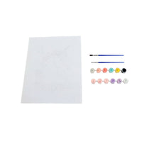 Paint-by-numbers canvas sheet, two blue brushes, and numbered paint color pots