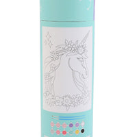 Unicorn paint-by-numbers tube with outline floral unicorn design and color chart