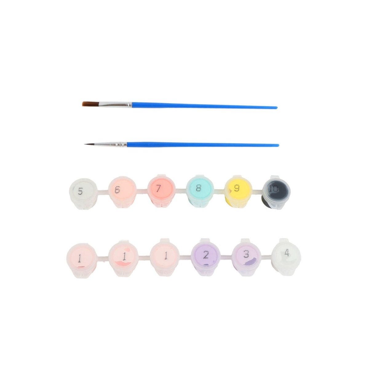 Two paintbrushes and numbered paint bottles for unicorn paint-by-numbers