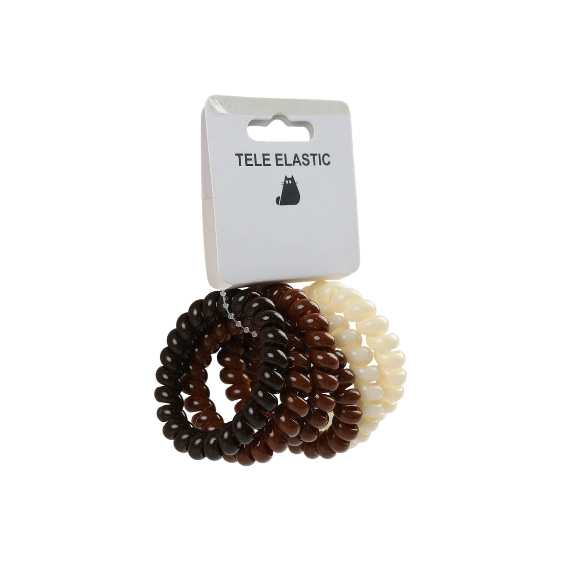 Set of coiled hair elastics on card, dark brown and cream tones
