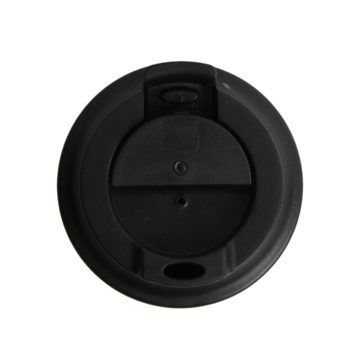 Thermos cup lid underside with central mechanism and vent opening