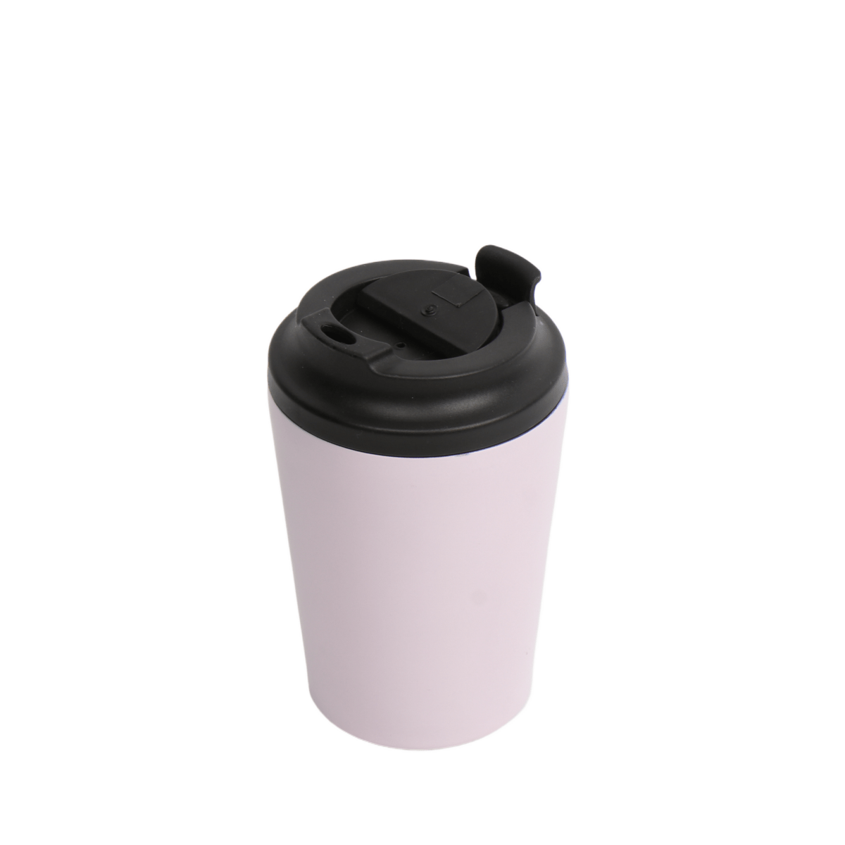 Thermos cup with black lid and pale lavender body, angled view