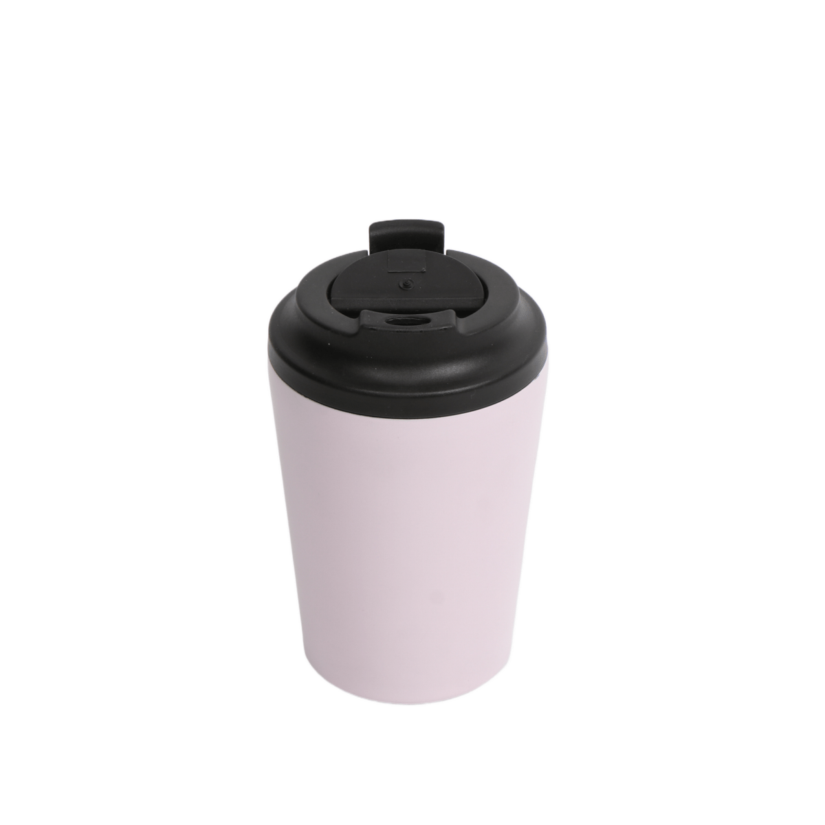 Thermos cup with black lid and pale lavender body, front view
