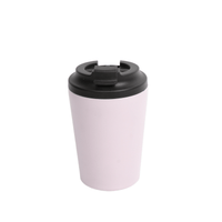 Thermos cup with black lid and pale lavender body, lid open