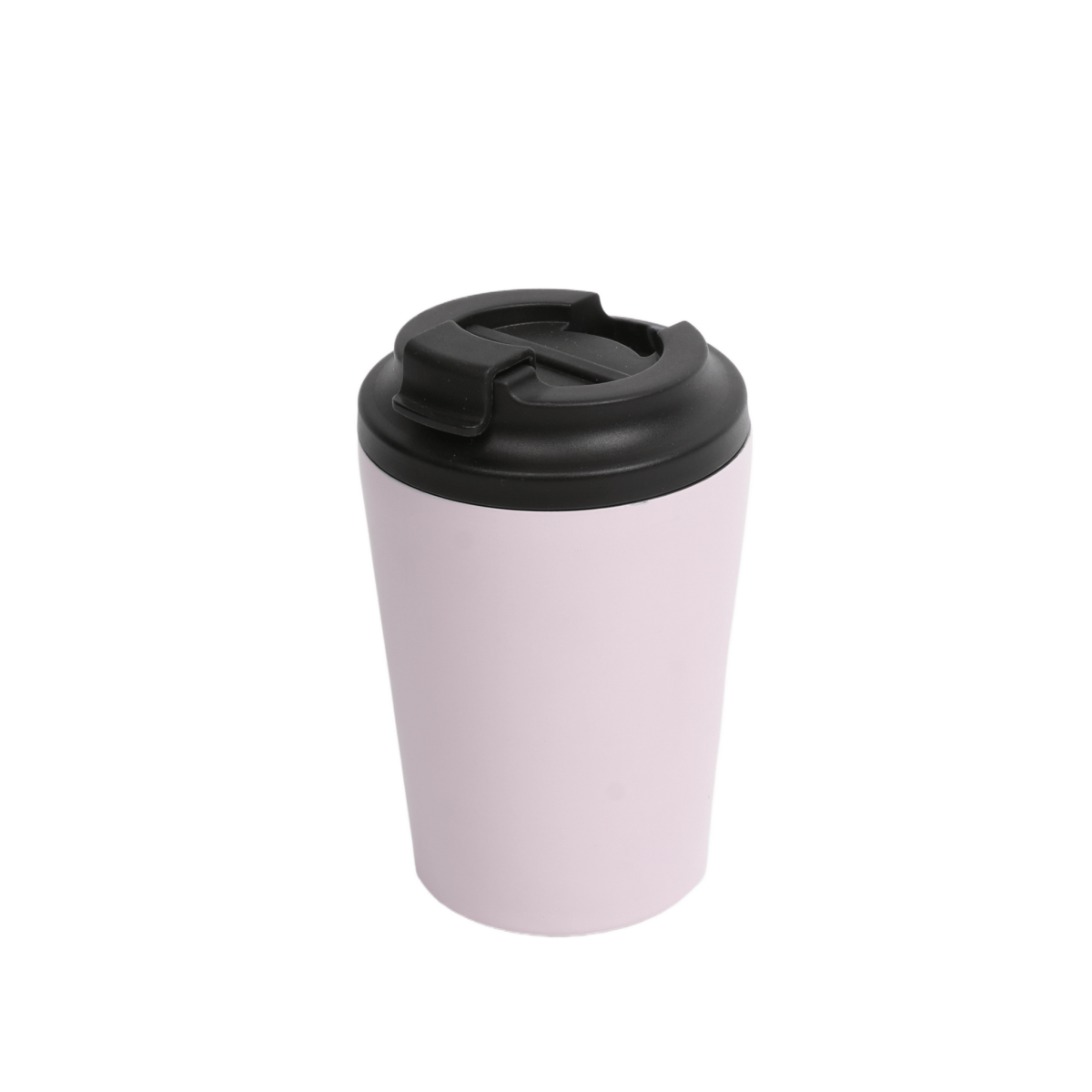 Thermos cup with black lid and pale lavender body, top latch closed