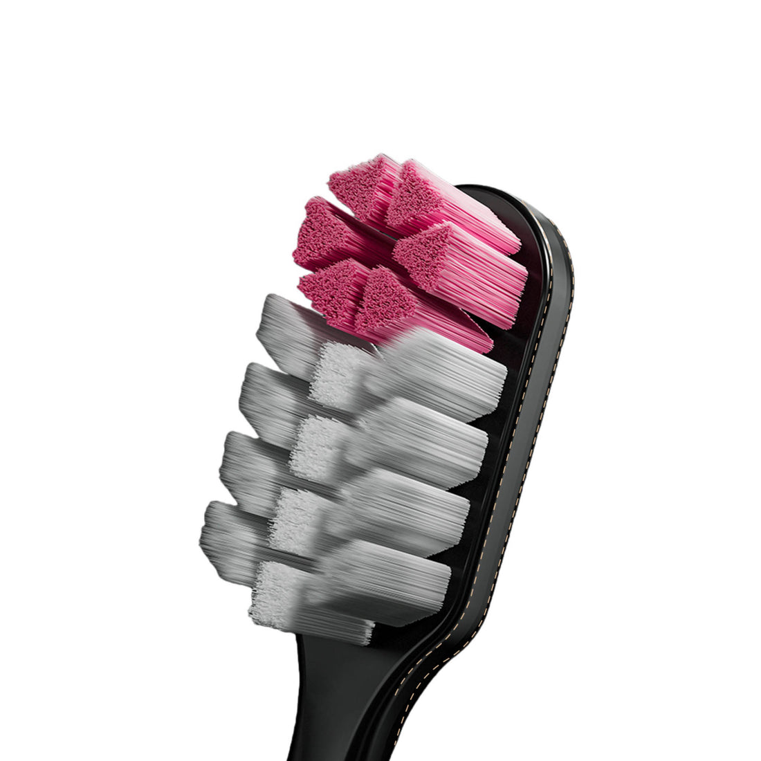 Toothbrush head detail with black base, pink top bristles and gray bristles